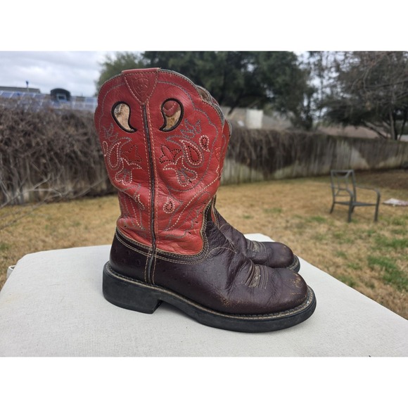 Ariat Brown Red Leather Cowboy Western Boots Women's Square Toe 5B - Picture 4 of 11